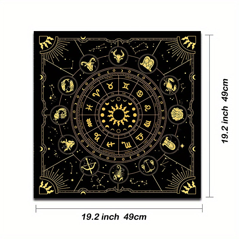 1 piece of a tarot mat featuring the 12 constellations, sun, stars, and mystical altar cloth for tarot cards, runes, witchcraft, astrology, oracle cards, and home decor.