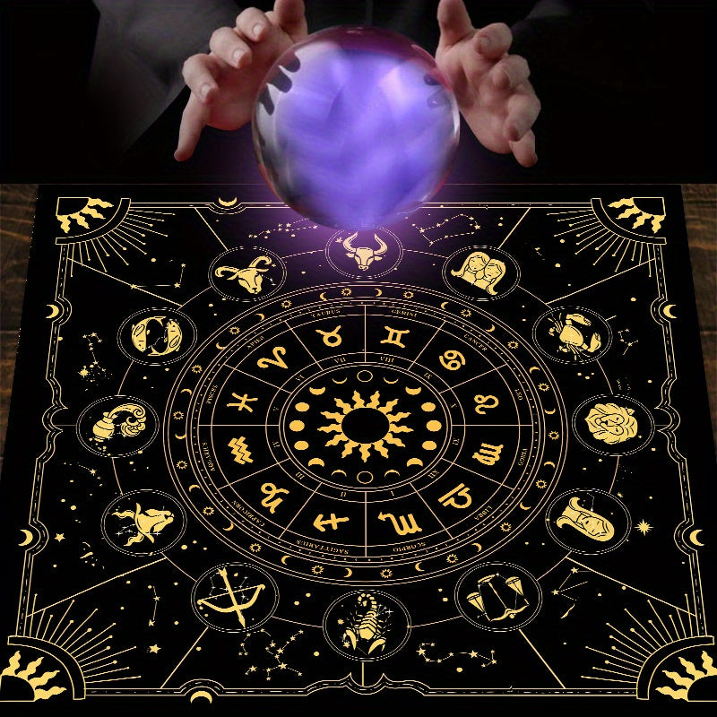 1 piece of a tarot mat featuring the 12 constellations, sun, stars, and mystical altar cloth for tarot cards, runes, witchcraft, astrology, oracle cards, and home decor.