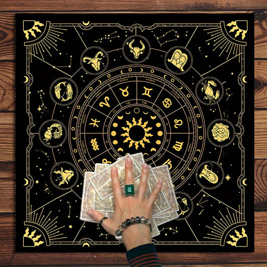 1 piece of a tarot mat featuring the 12 constellations, sun, stars, and mystical altar cloth for tarot cards, runes, witchcraft, astrology, oracle cards, and home decor.