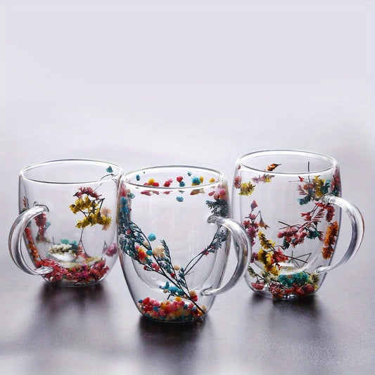 Flower Glass Coffee Mug, Double-Walled, Heat Resistant, Ideal for All Seasons, Great Gift Idea