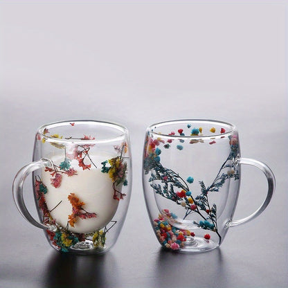 Flower Glass Coffee Mug, Double-Walled, Heat Resistant, Ideal for All Seasons, Great Gift Idea