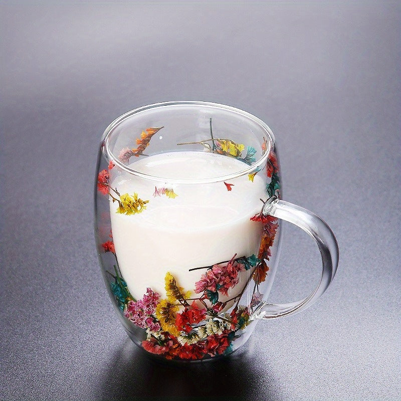 Flower Glass Coffee Mug, Double-Walled, Heat Resistant, Ideal for All Seasons, Great Gift Idea