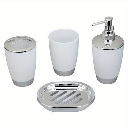 6-piece bathroom accessory set includes trash can, toilet brush, lotion dispenser, soap dish, mouthwash cup, and toothbrush holder; perfect for bathroom decor or housewarming gift.