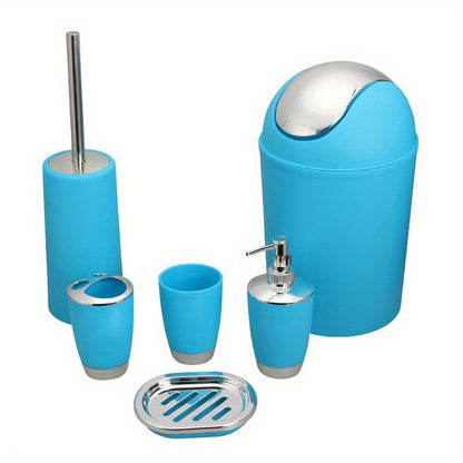 6-piece bathroom accessory set includes trash can, toilet brush, lotion dispenser, soap dish, mouthwash cup, and toothbrush holder; perfect for bathroom decor or housewarming gift.