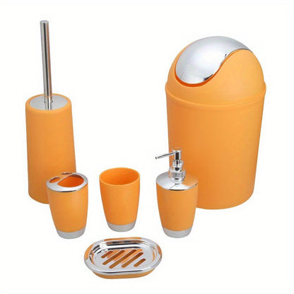 6-piece bathroom accessory set includes trash can, toilet brush, lotion dispenser, soap dish, mouthwash cup, and toothbrush holder; perfect for bathroom decor or housewarming gift.