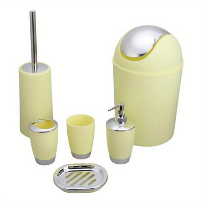 6-piece bathroom accessory set includes trash can, toilet brush, lotion dispenser, soap dish, mouthwash cup, and toothbrush holder; perfect for bathroom decor or housewarming gift.