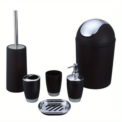 6-piece bathroom accessory set includes trash can, toilet brush, lotion dispenser, soap dish, mouthwash cup, and toothbrush holder; perfect for bathroom decor or housewarming gift.