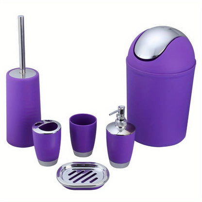 6-piece bathroom accessory set includes trash can, toilet brush, lotion dispenser, soap dish, mouthwash cup, and toothbrush holder; perfect for bathroom decor or housewarming gift.