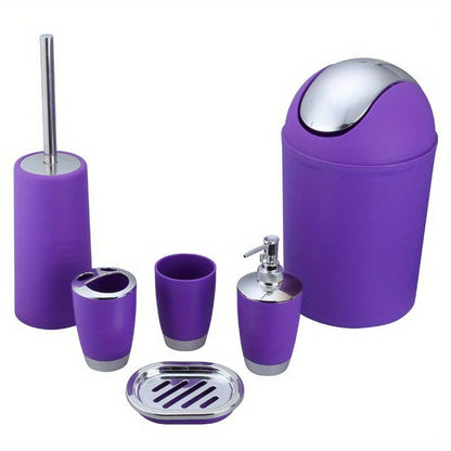 6-piece bathroom accessory set includes trash can, toilet brush, lotion dispenser, soap dish, mouthwash cup, and toothbrush holder; perfect for bathroom decor or housewarming gift.