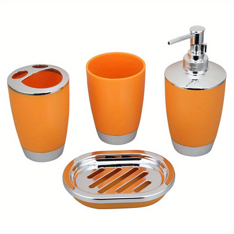 6-piece bathroom accessory set includes trash can, toilet brush, lotion dispenser, soap dish, mouthwash cup, and toothbrush holder; perfect for bathroom decor or housewarming gift.