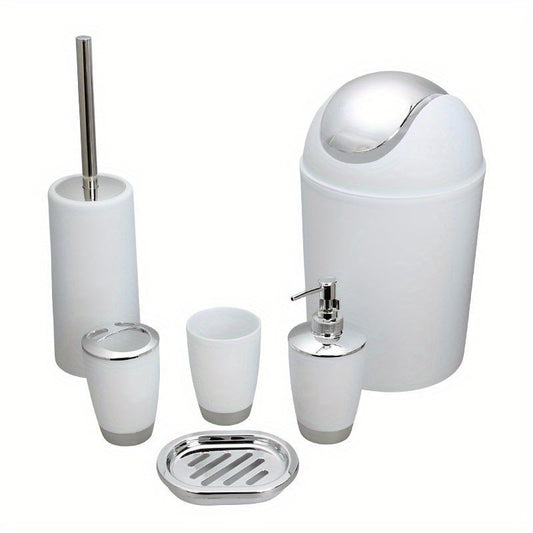 6-piece bathroom accessory set includes trash can, toilet brush, lotion dispenser, soap dish, mouthwash cup, and toothbrush holder; perfect for bathroom decor or housewarming gift.