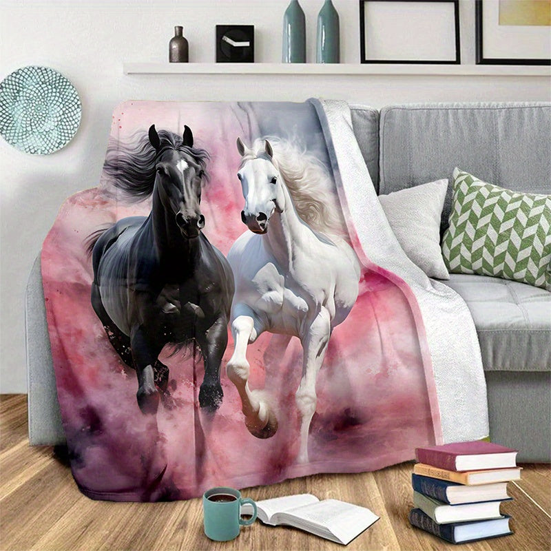 Stay warm and cozy with our cozy black and white horse pink print blanket. This lightweight flannel throw is perfect for the sofa, bed, living room, office, chair, couch, travel, camping, and more. Made with digital printing fleece and soft, warm flannel