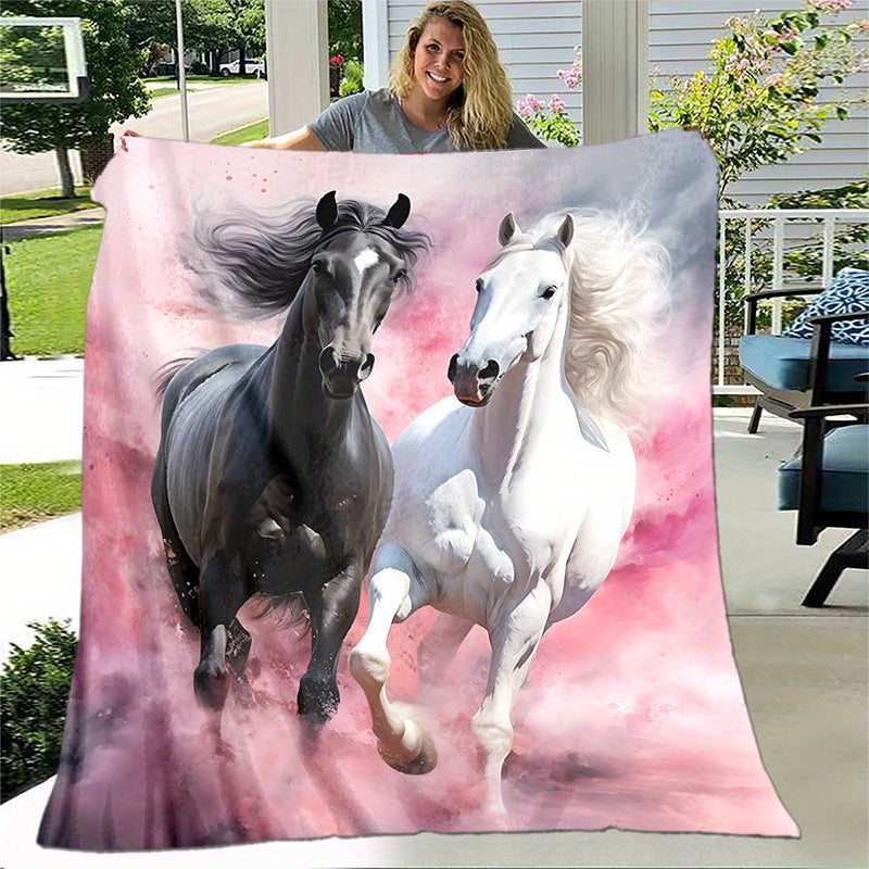 Stay warm and cozy with our cozy black and white horse pink print blanket. This lightweight flannel throw is perfect for the sofa, bed, living room, office, chair, couch, travel, camping, and more. Made with digital printing fleece and soft, warm flannel