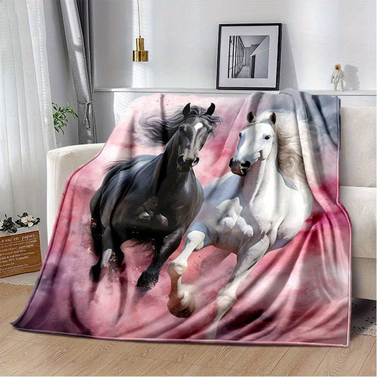 Stay warm and cozy with our cozy black and white horse pink print blanket. This lightweight flannel throw is perfect for the sofa, bed, living room, office, chair, couch, travel, camping, and more. Made with digital printing fleece and soft, warm flannel