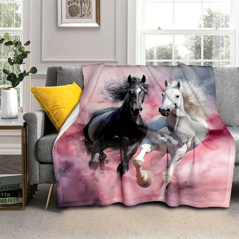 Stay warm and cozy with our cozy black and white horse pink print blanket. This lightweight flannel throw is perfect for the sofa, bed, living room, office, chair, couch, travel, camping, and more. Made with digital printing fleece and soft, warm flannel