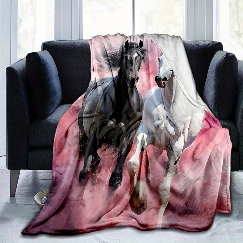 Stay warm and cozy with our cozy black and white horse pink print blanket. This lightweight flannel throw is perfect for the sofa, bed, living room, office, chair, couch, travel, camping, and more. Made with digital printing fleece and soft, warm flannel