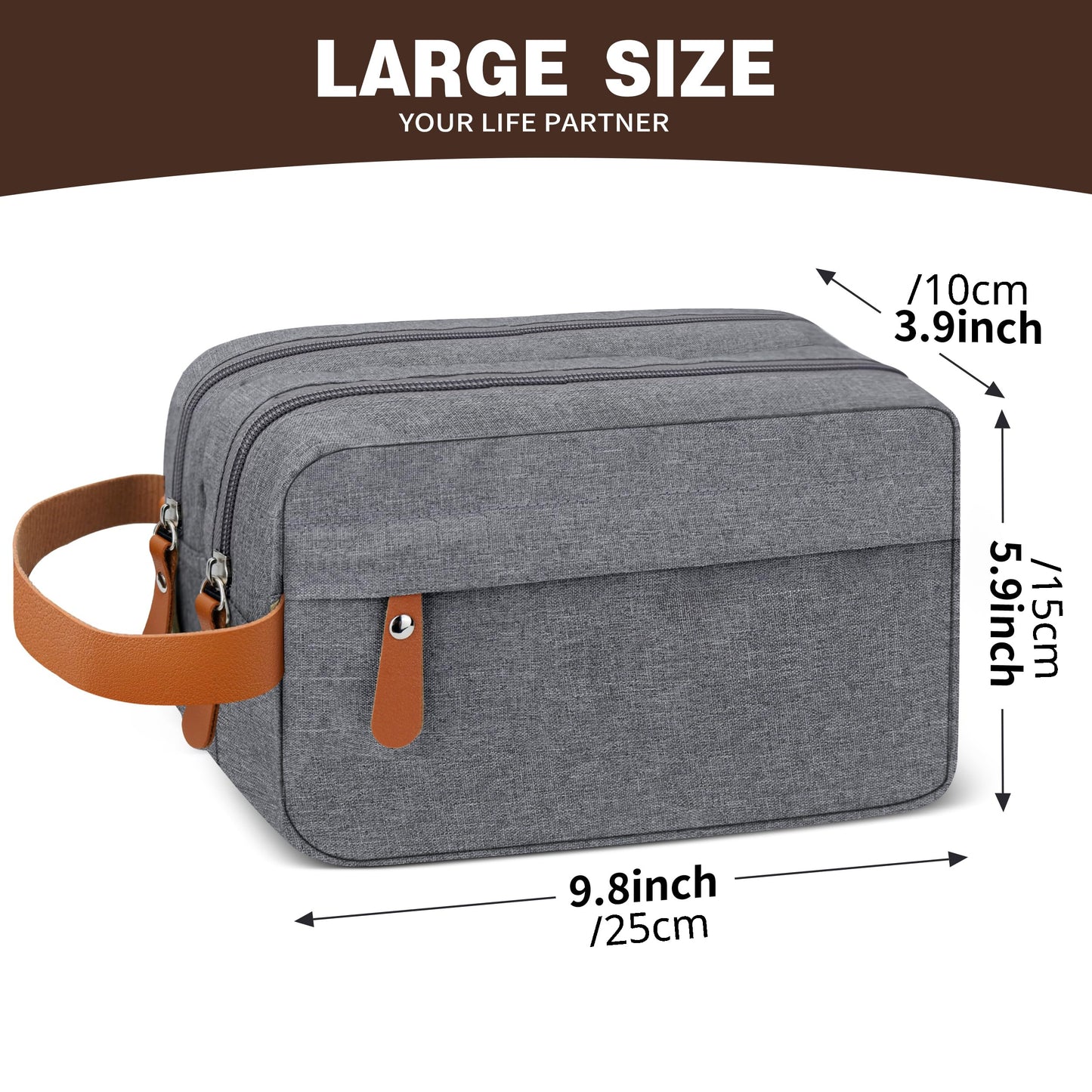 Men's water resistant travel toiletry bag with hanging organizer for toiletries and shaving accessories.