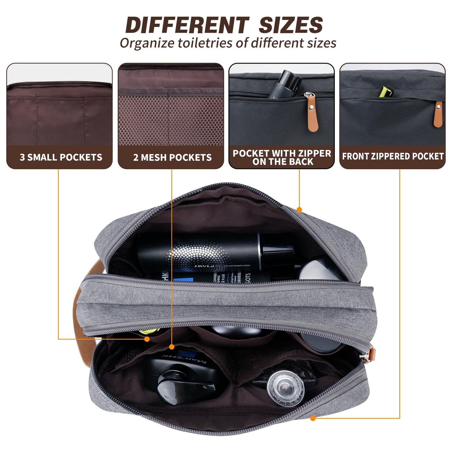 Men's water resistant travel toiletry bag with hanging organizer for toiletries and shaving accessories.