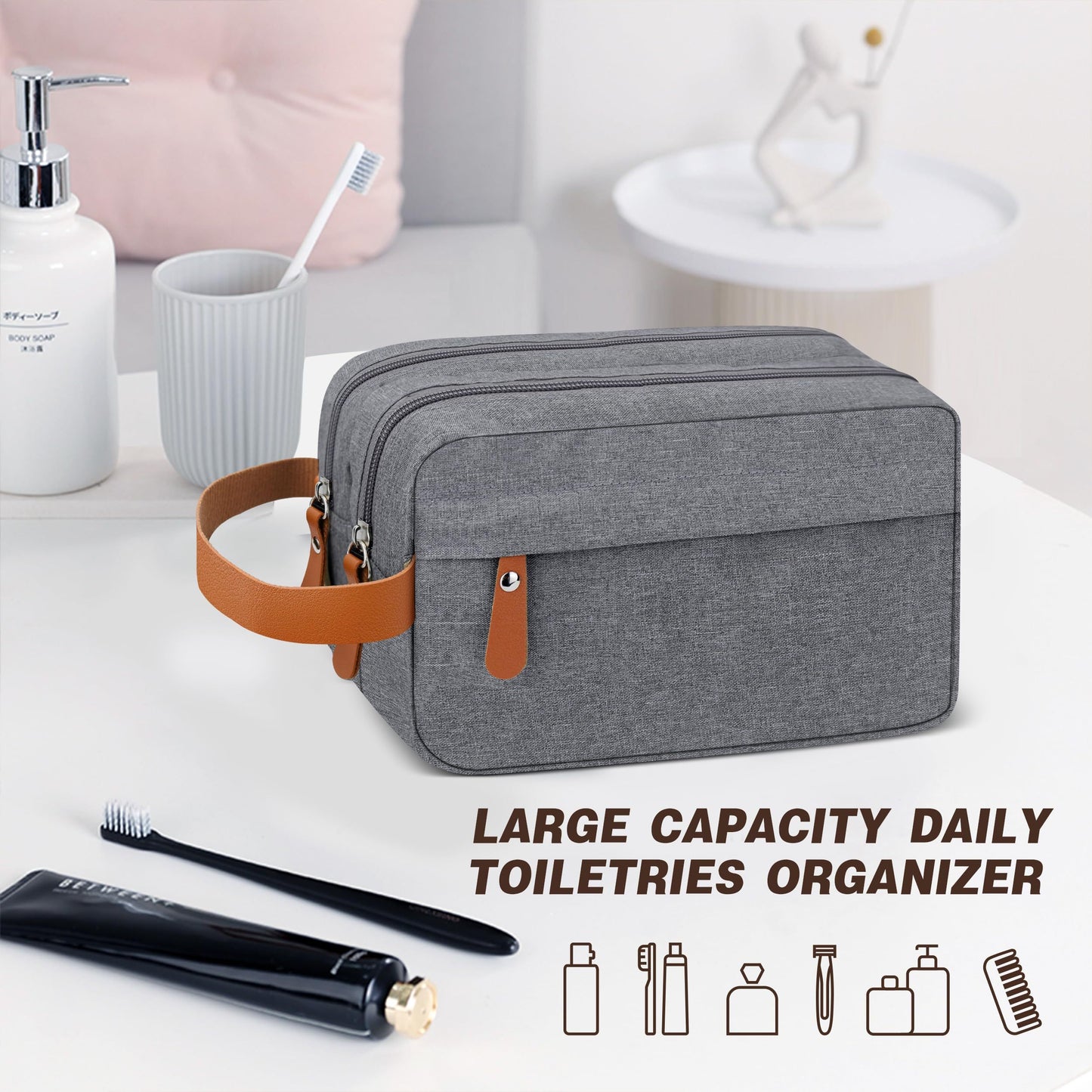 Men's water resistant travel toiletry bag with hanging organizer for toiletries and shaving accessories.