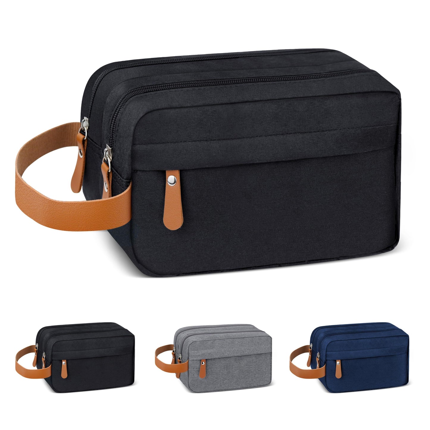 Men's water resistant travel toiletry bag with hanging organizer for toiletries and shaving accessories.