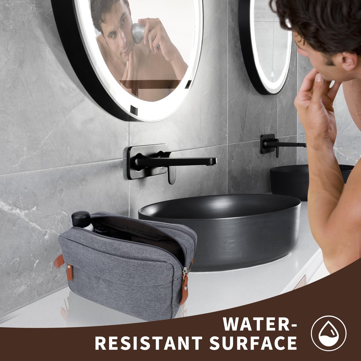 Men's water resistant travel toiletry bag with hanging organizer for toiletries and shaving accessories.