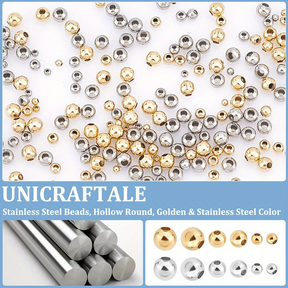 400 pieces of 304 stainless steel beads in a box, featuring hollow round beads in golden and stainless steel colors.