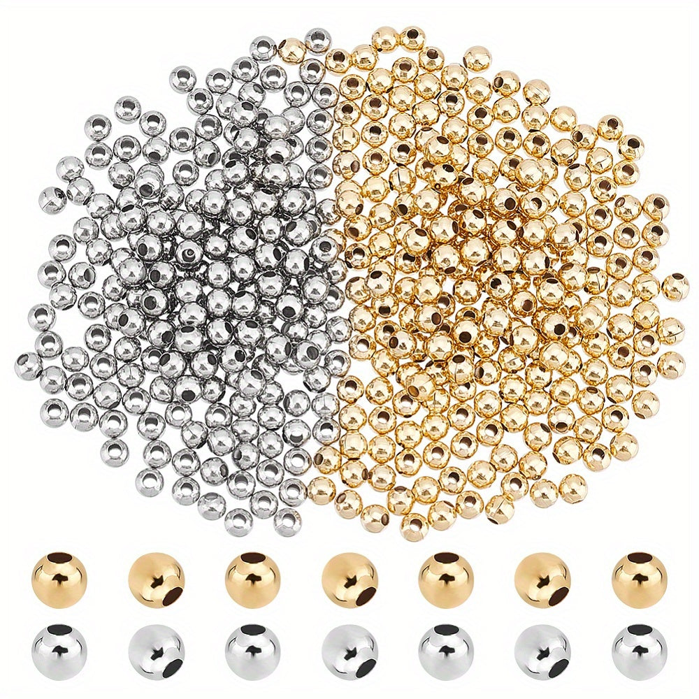 400 pieces of 304 stainless steel beads in a box, featuring hollow round beads in golden and stainless steel colors.