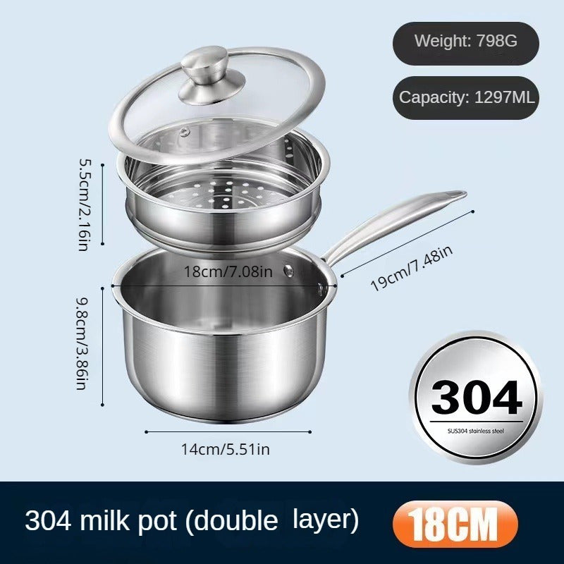 Stainless Steel Saucepan, Milk Pot with Extra Thickness, Baby Food Grade Supplement Pot with 2-tier Steamer Tray