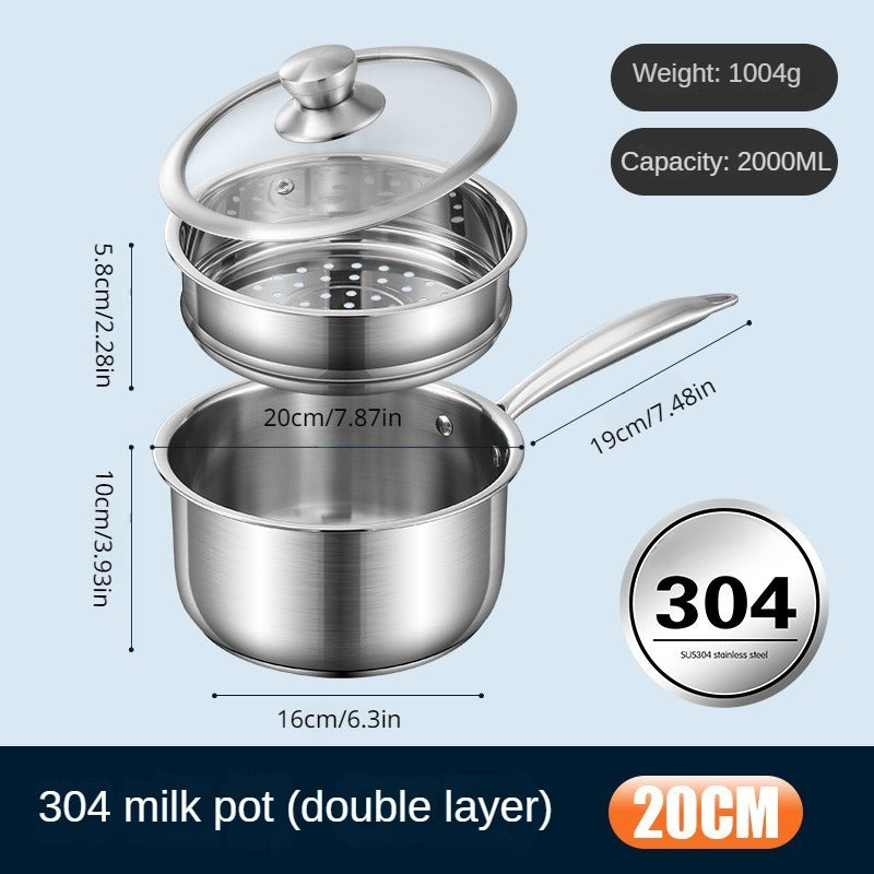 Stainless Steel Saucepan, Milk Pot with Extra Thickness, Baby Food Grade Supplement Pot with 2-tier Steamer Tray