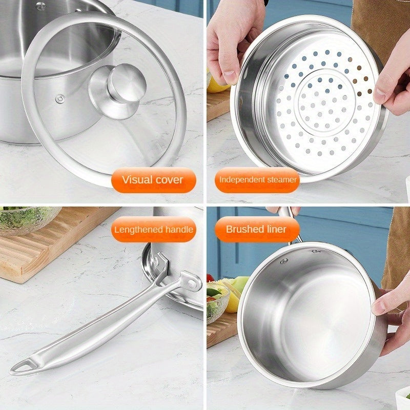 Stainless Steel Saucepan, Milk Pot with Extra Thickness, Baby Food Grade Supplement Pot with 2-tier Steamer Tray