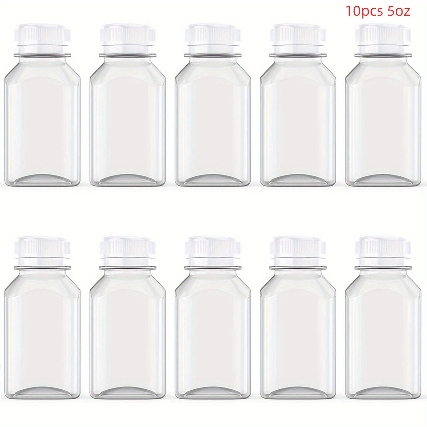 10 square plastic juice bottles with leak-proof caps, hand wash only, PVC-free, ideal for smoothies and juicing.