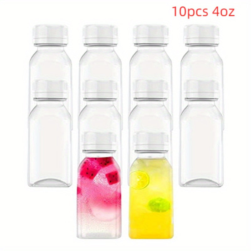 10 square plastic juice bottles with leak-proof caps, hand wash only, PVC-free, ideal for smoothies and juicing.