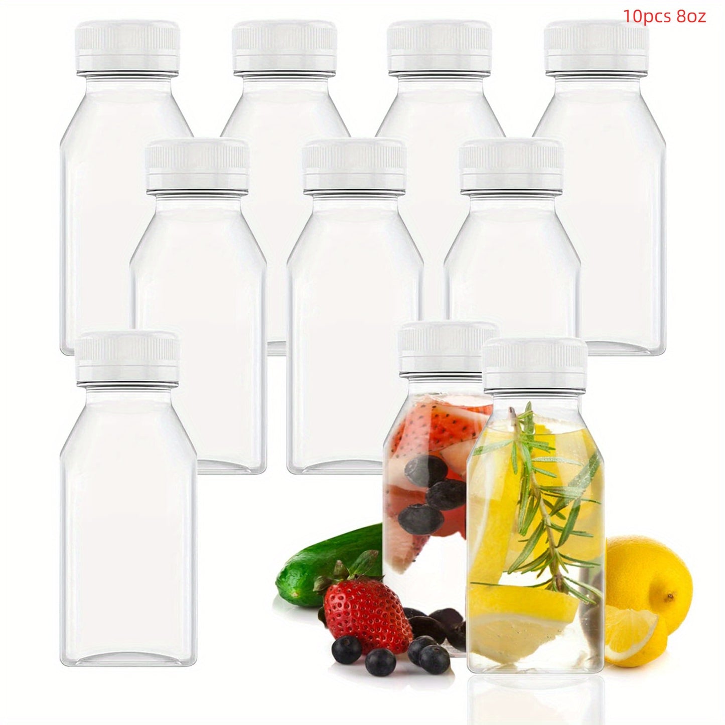 10 square plastic juice bottles with leak-proof caps, hand wash only, PVC-free, ideal for smoothies and juicing.