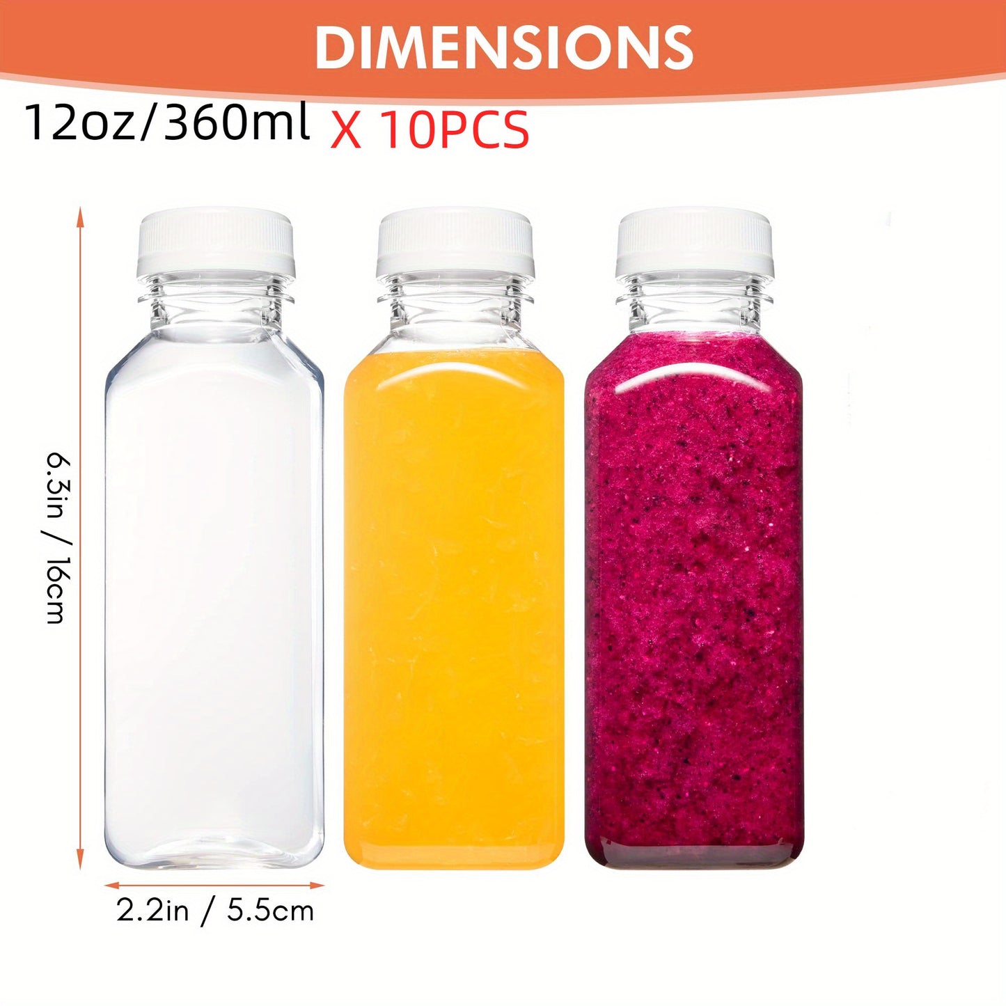 10 square plastic juice bottles with leak-proof caps, hand wash only, PVC-free, ideal for smoothies and juicing.