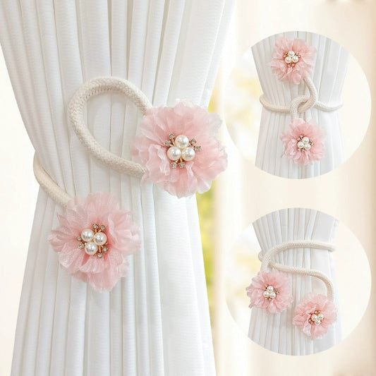 Two pieces of French curtain straps with bendable design, adorned with faux pearl flowers. Perfect curtain buckle to use as a tieback or holdback for living room home décor.