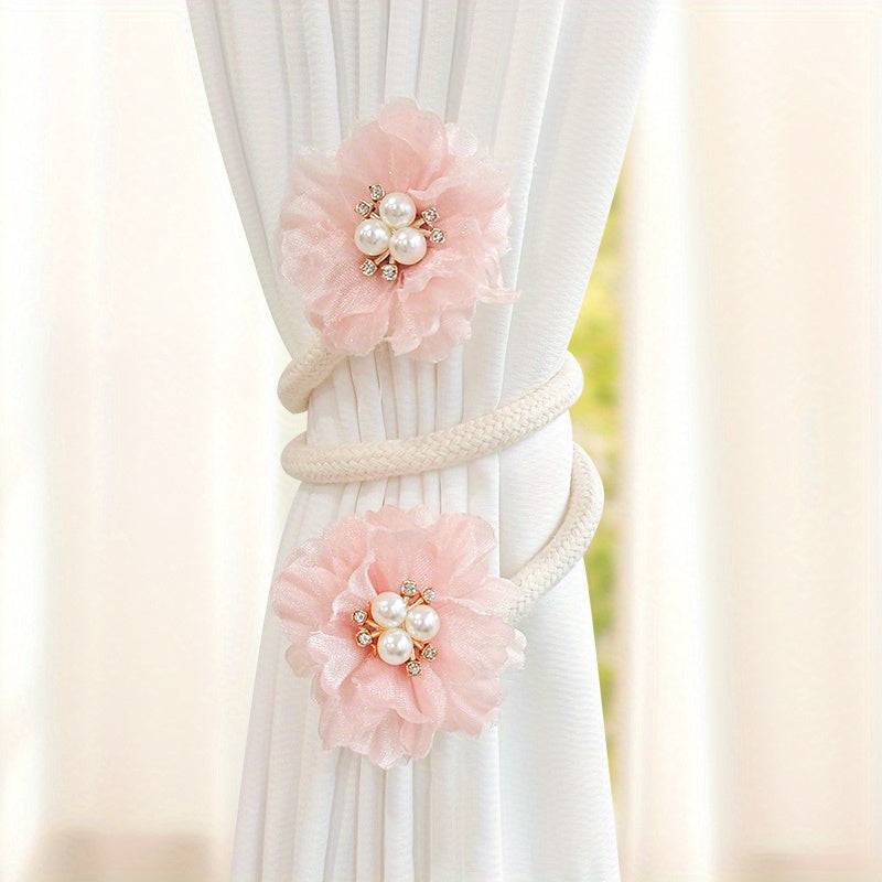 Two pieces of French curtain straps with bendable design, adorned with faux pearl flowers. Perfect curtain buckle to use as a tieback or holdback for living room home décor.