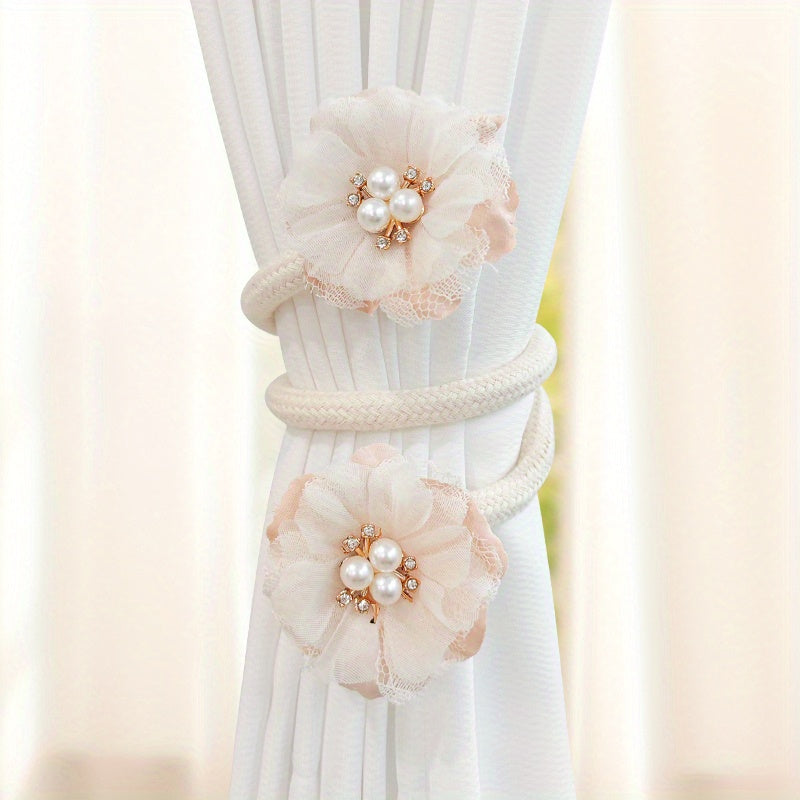 Two pieces of French curtain straps with bendable design, adorned with faux pearl flowers. Perfect curtain buckle to use as a tieback or holdback for living room home décor.