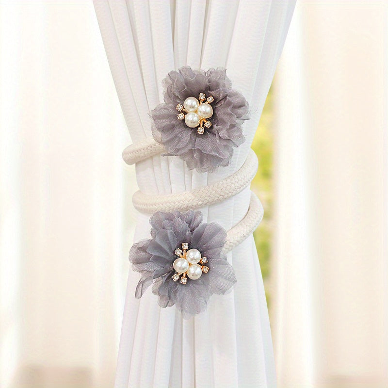 Two pieces of French curtain straps with bendable design, adorned with faux pearl flowers. Perfect curtain buckle to use as a tieback or holdback for living room home décor.