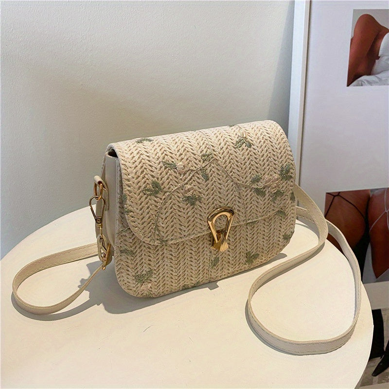 Women's Mini Straw Bag featuring Flower Lace design with Crossbody style and Turn Lock closure.