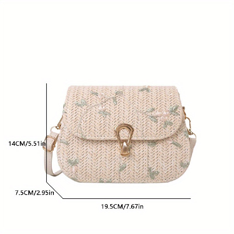 Women's Mini Straw Bag featuring Flower Lace design with Crossbody style and Turn Lock closure.