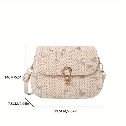 Women's Mini Straw Bag featuring Flower Lace design with Crossbody style and Turn Lock closure.