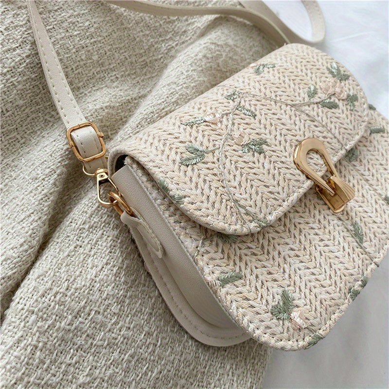 Women's Mini Straw Bag featuring Flower Lace design with Crossbody style and Turn Lock closure.