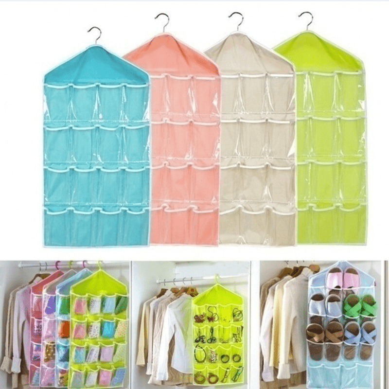 Foldable storage rack with hanger, utility hooks for socks, bras & underwear - Clear hanging organizer with 16 pockets