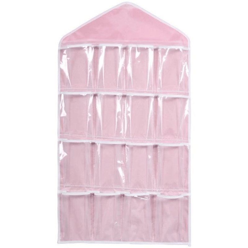 Foldable storage rack with hanger, utility hooks for socks, bras & underwear - Clear hanging organizer with 16 pockets