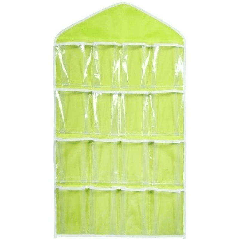 Foldable storage rack with hanger, utility hooks for socks, bras & underwear - Clear hanging organizer with 16 pockets