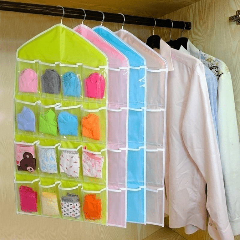 Foldable storage rack with hanger, utility hooks for socks, bras & underwear - Clear hanging organizer with 16 pockets