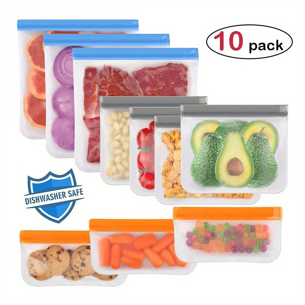 1 Set of 10 Reusable Silicone Food Storage Bags, Leak Proof Zip Containers that Stand on their Own, BPA-Free Sandwich Bags, Non-Toxic, Dishwasher and Freezer Safe, Essential Kitchen Accessories