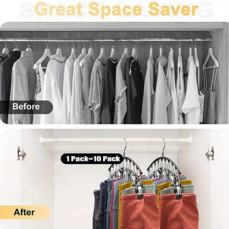 Stainless Steel Pants Hanger with 10 Clothespins, Space-Saving Wardrobe Organizer for Clothes Storage in Bedroom or Balcony, Multi-functional Wardrobe Rack for Drying Clothes.