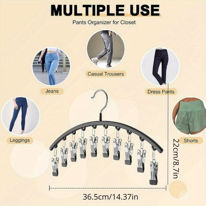 Stainless Steel Pants Hanger with 10 Clothespins, Space-Saving Wardrobe Organizer for Clothes Storage in Bedroom or Balcony, Multi-functional Wardrobe Rack for Drying Clothes.