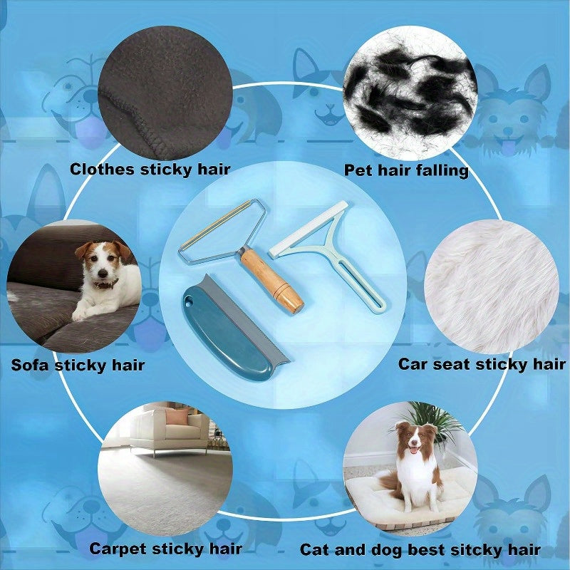 3-piece portable reusable professional pet hair remover set for cats and dogs.